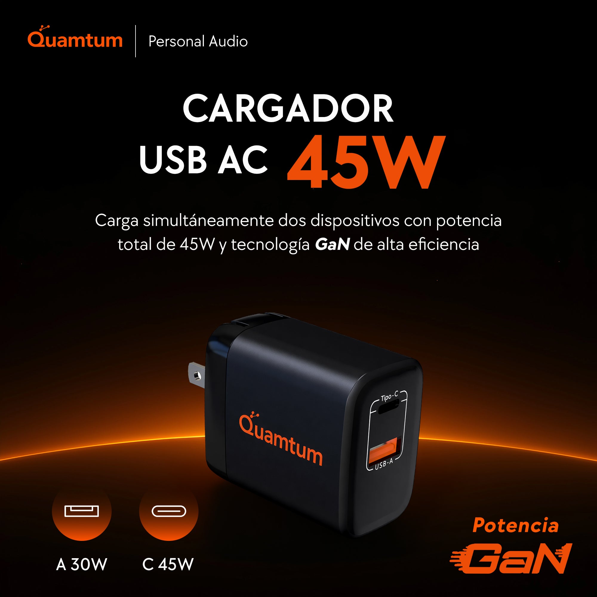 Cargador GaN 45W USB-C + USB-A Quamtum | Compatible con Todos tus Dispositivos Nuevos y Anteriores