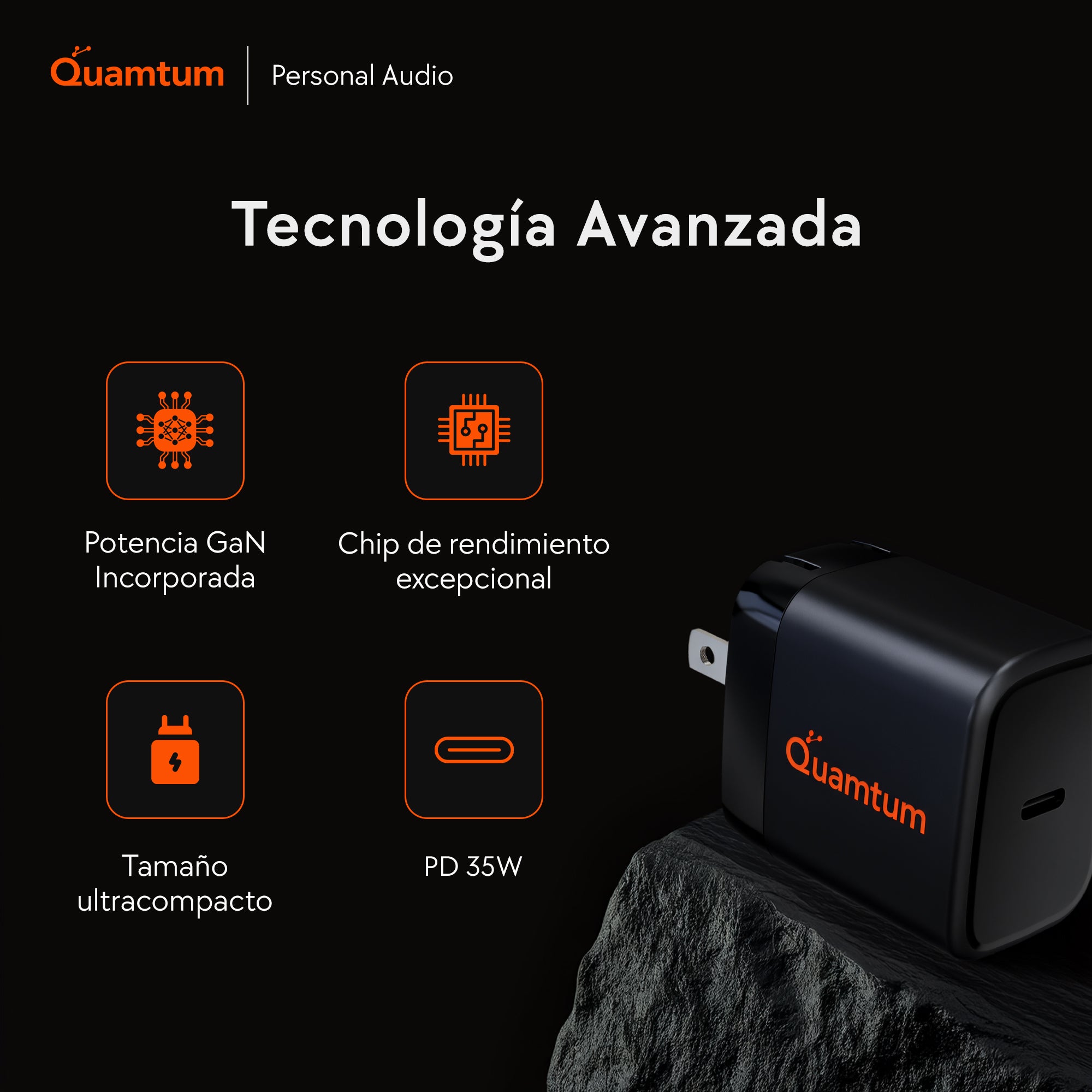 Cargador GaN 35W USB-C Quamtum | Carga Rápida PD 3.0 PPS para iPhone 17, Galaxy S25, iPad