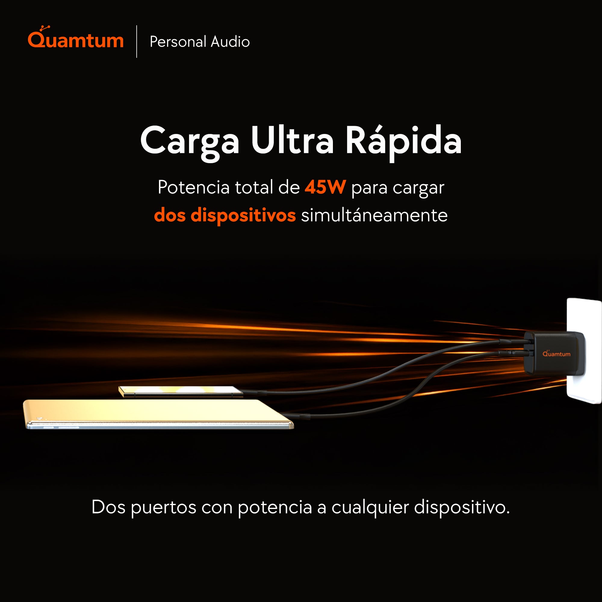 Cargador GaN 45W USB-C + USB-A Quamtum | Compatible con Todos tus Dispositivos Nuevos y Anteriores