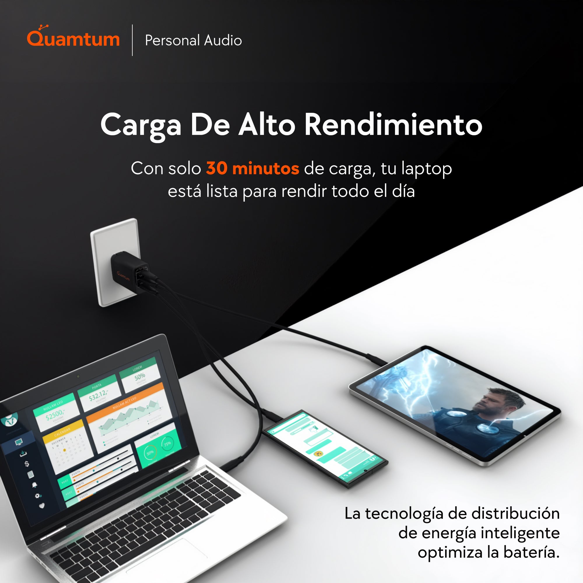 Cargador GaN 67W Triple Puerto Quamtum | 2 USB-C + USB-A, Carga MacBook + iPhone + Audífonos a la Vez
