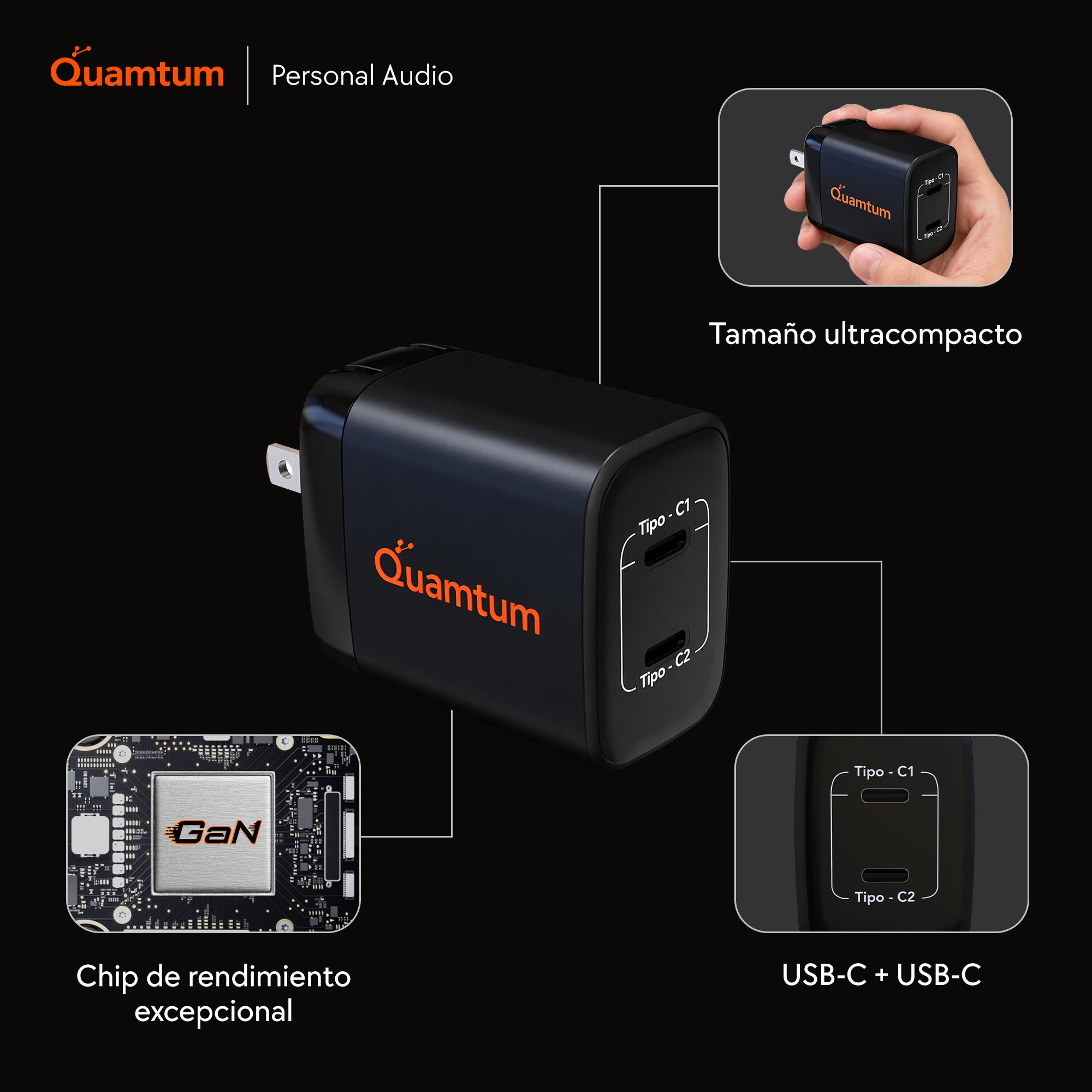 Cargador GaN 45W Doble USB-C Quamtum | PD 3.0 PPS Carga Dos Dispositivos a la Vez