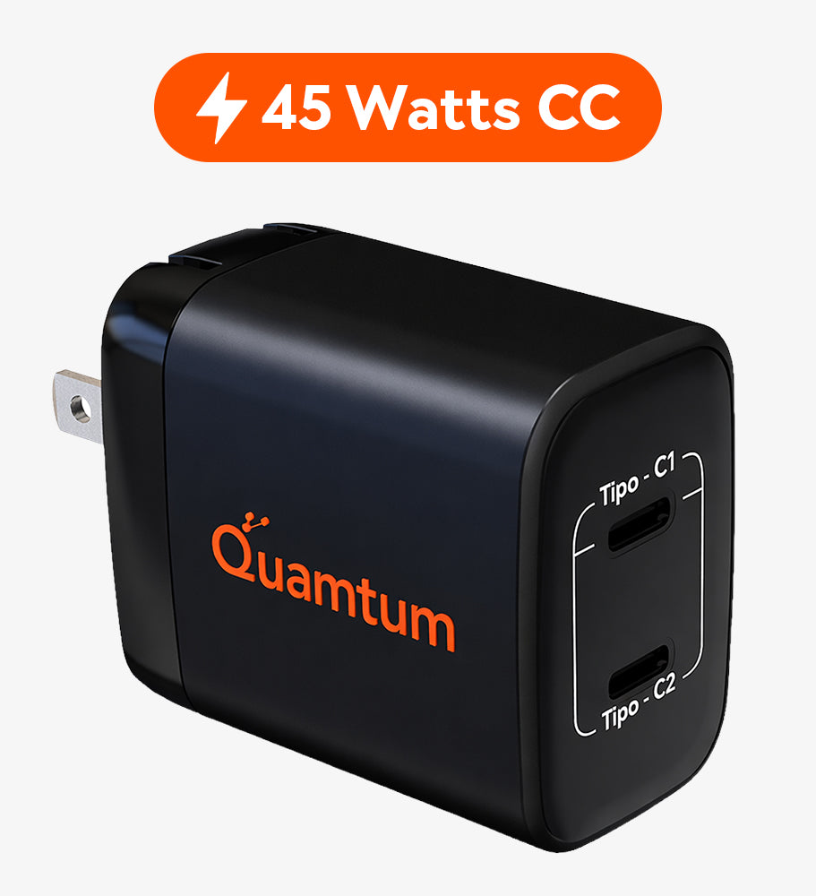 Cargador GaN 45W Doble USB-C Quamtum | PD 3.0 PPS Carga Dos Dispositivos a la Vez