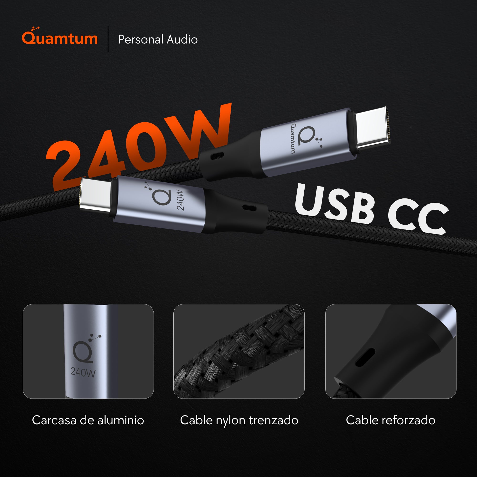 Quamtum Cable USB-C a USB-C 240W — | PD 3.0 | Chip E-Marker | 2 Metros | Garantía 8 Años