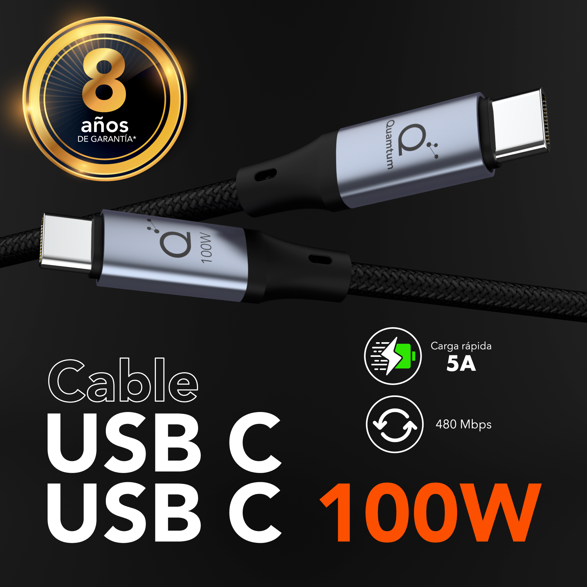 Cable USB C a USB C Quamtum 100W 2 metros