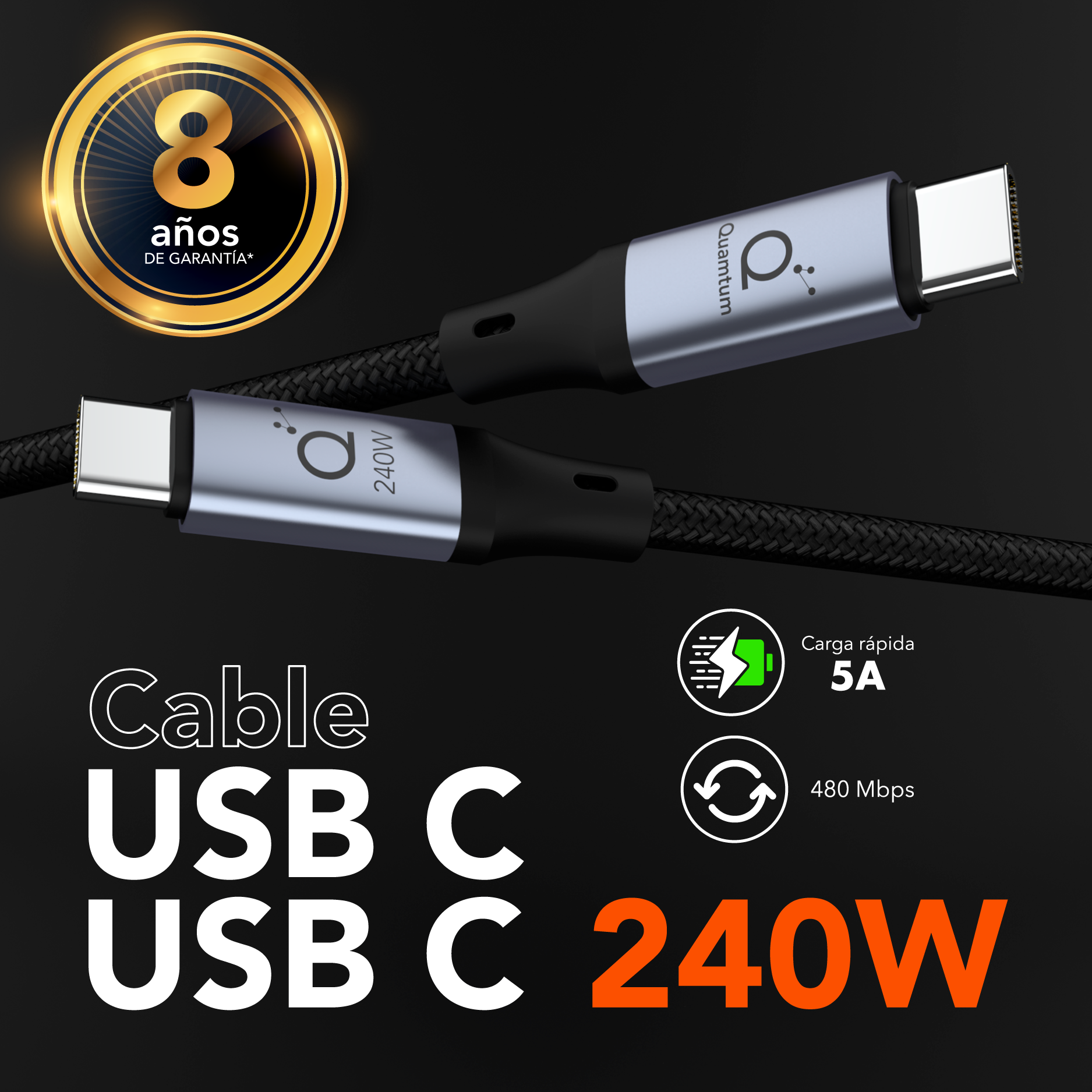 Cable USB C a USB C Quamtum 240W 2 metros