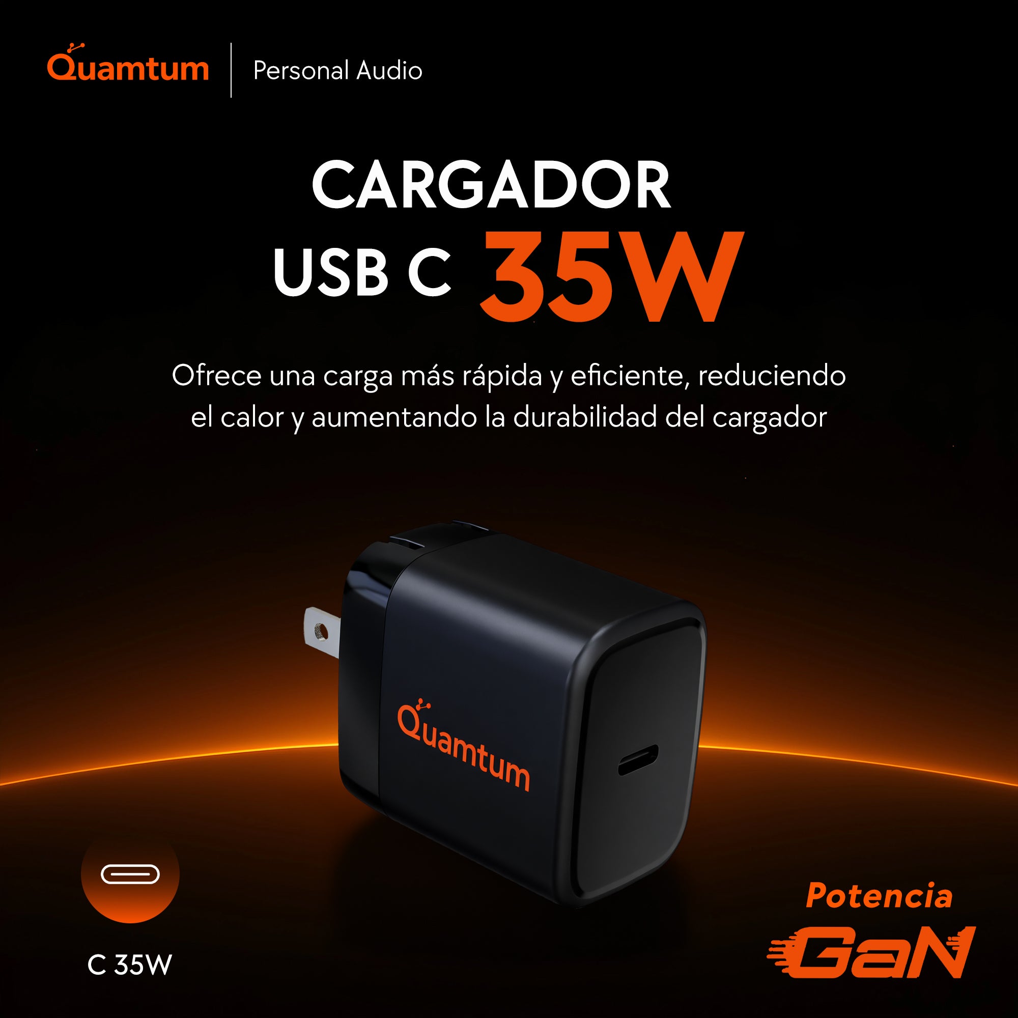 Cargador GaN 35W USB-C Quamtum | Carga Rápida PD 3.0 PPS para iPhone 17, Galaxy S25, iPad