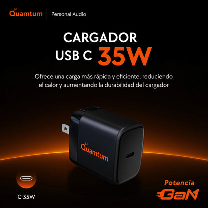 Cargador GaN 35W USB-C Quamtum | Carga Rápida PD 3.0 PPS para iPhone 17, Galaxy S25, iPad