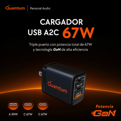 Cargador GaN 67W Triple Puerto Quamtum | 2 USB-C + USB-A, Carga MacBook + iPhone + Audífonos a la Vez