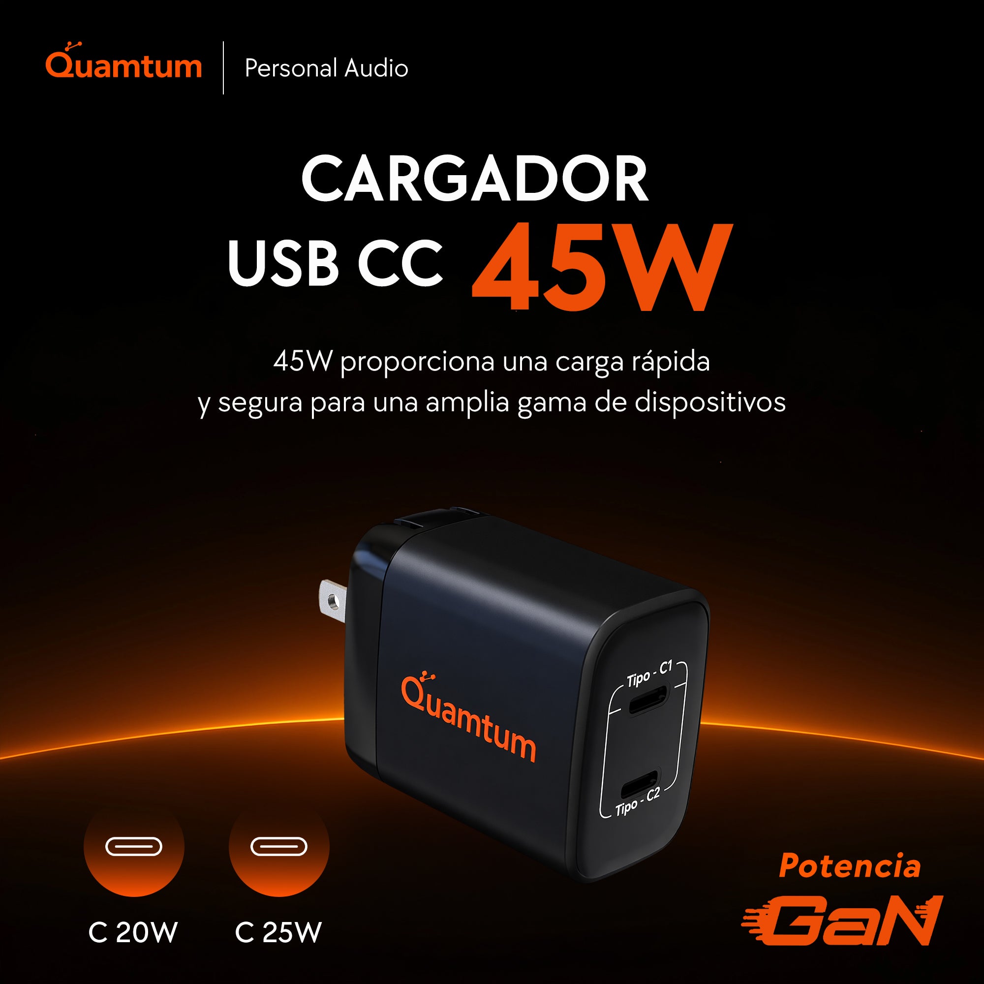 Cargador GaN 45W Doble USB-C Quamtum | PD 3.0 PPS Carga Dos Dispositivos a la Vez