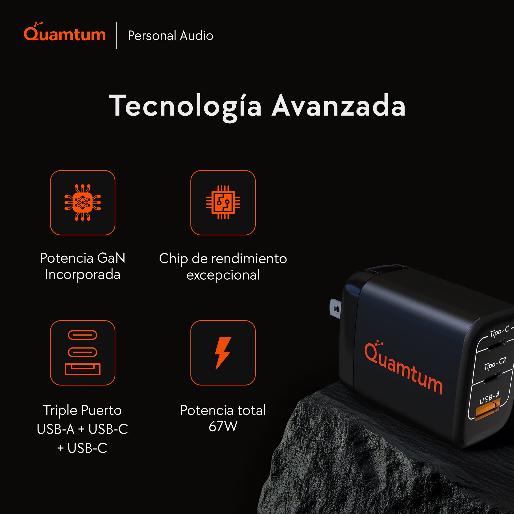 Cargador GaN 67W Triple Puerto Quamtum | 2 USB-C + USB-A, Carga MacBook + iPhone + Audífonos a la Vez