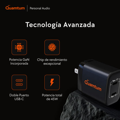 Cargador GaN 45W Doble USB-C Quamtum | PD 3.0 PPS Carga Dos Dispositivos a la Vez