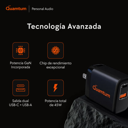 Cargador GaN 45W USB-C + USB-A Quamtum | Compatible con Todos tus Dispositivos Nuevos y Anteriores