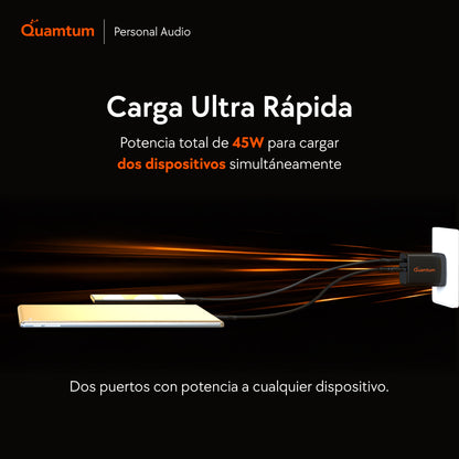 Cargador GaN 45W USB-C + USB-A Quamtum | Compatible con Todos tus Dispositivos Nuevos y Anteriores