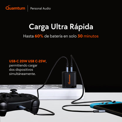 Cargador GaN 45W Doble USB-C Quamtum | PD 3.0 PPS Carga Dos Dispositivos a la Vez