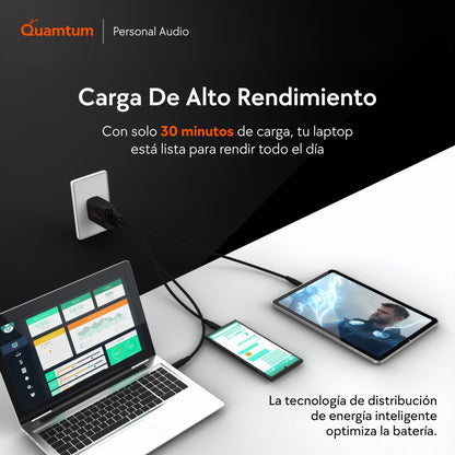 Cargador GaN 67W Triple Puerto Quamtum | 2 USB-C + USB-A, Carga MacBook + iPhone + Audífonos a la Vez
