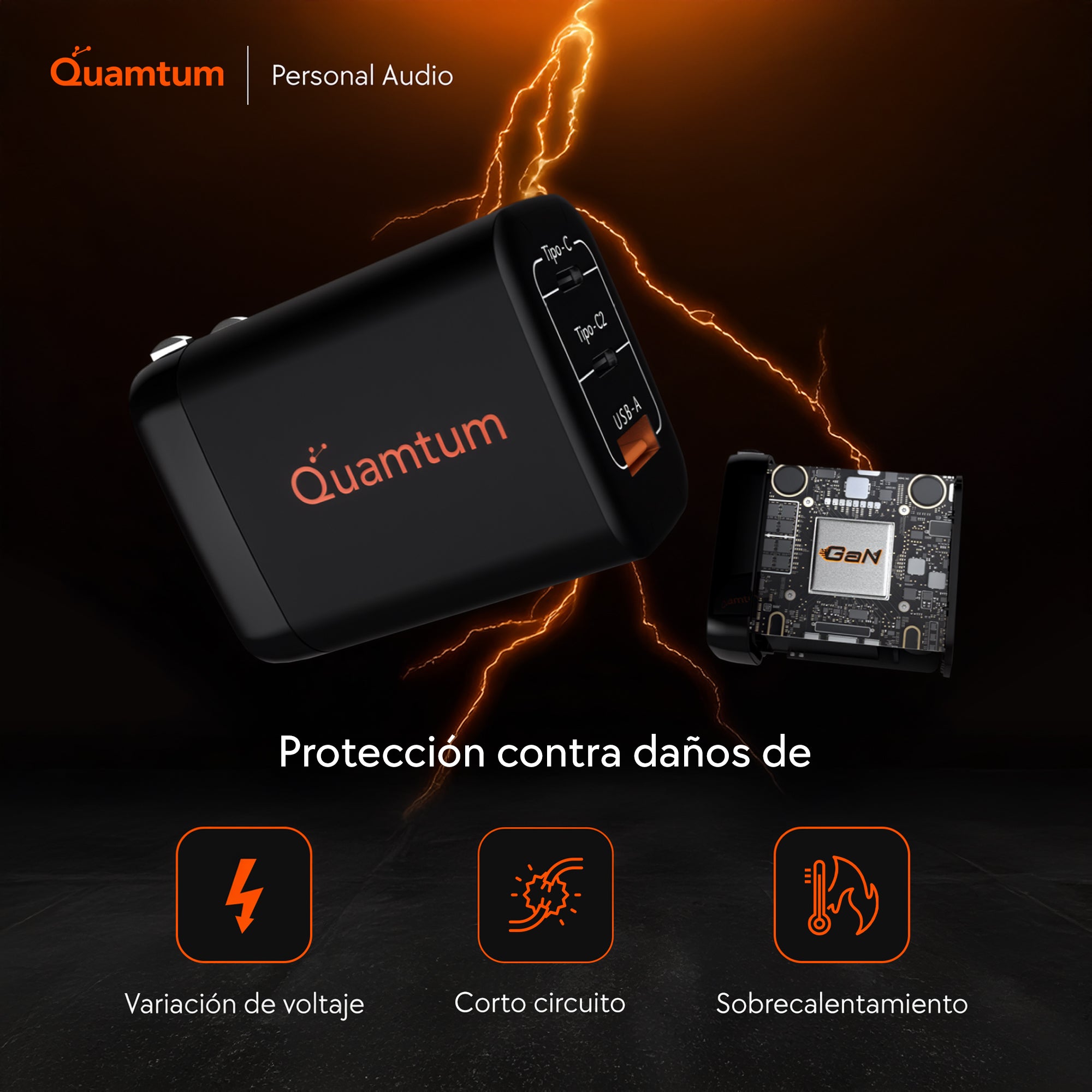 Cargador GaN 67W Triple Puerto Quamtum | 2 USB-C + USB-A, Carga MacBook + iPhone + Audífonos a la Vez