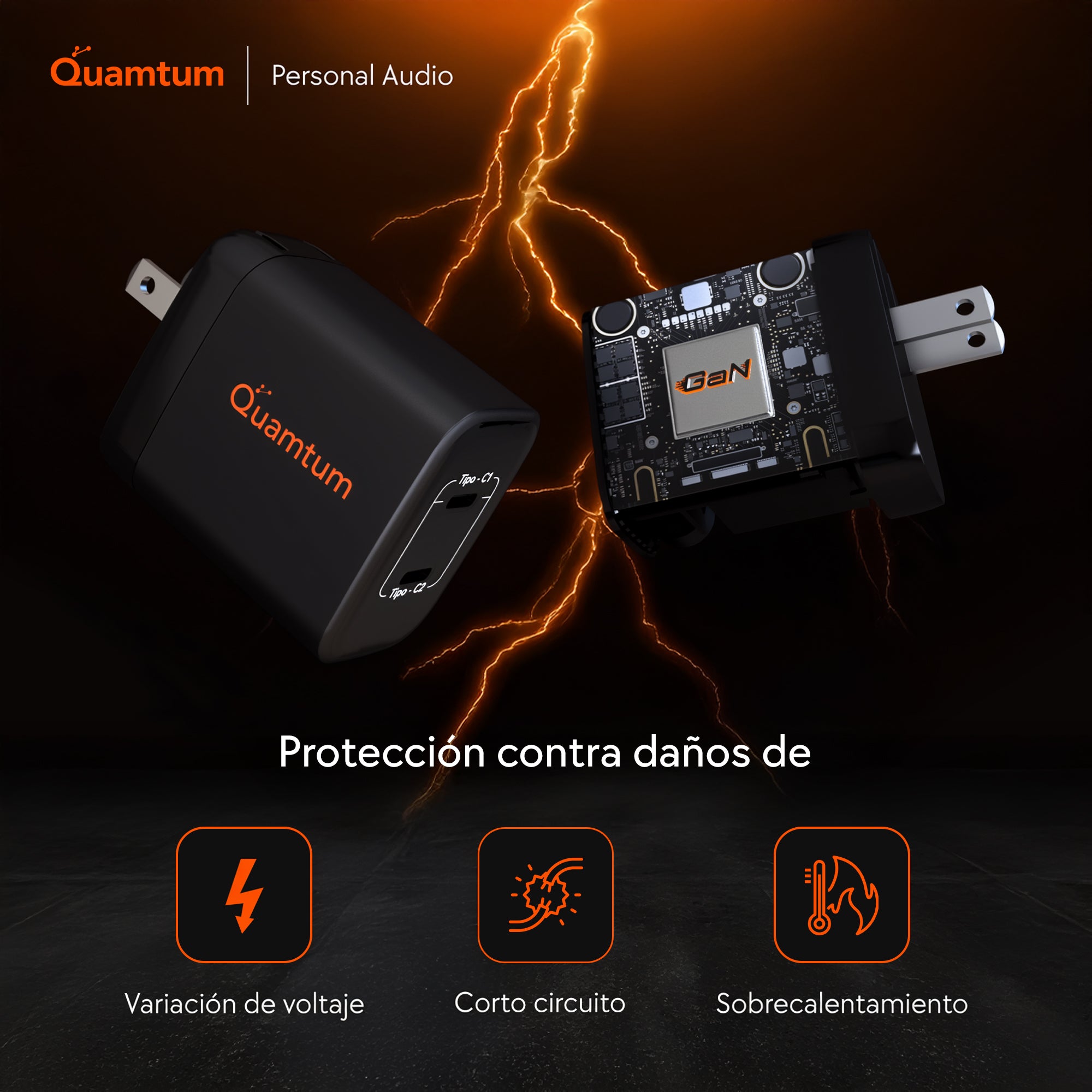 Cargador GaN 45W Doble USB-C Quamtum | PD 3.0 PPS Carga Dos Dispositivos a la Vez