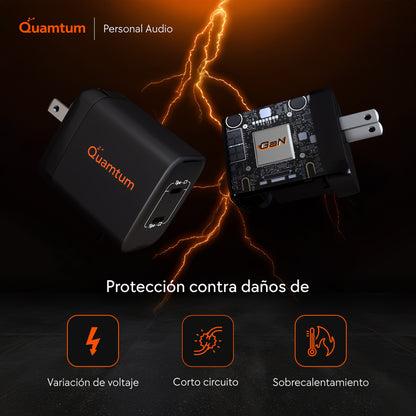 Cargador GaN 45W Doble USB-C Quamtum | PD 3.0 PPS Carga Dos Dispositivos a la Vez