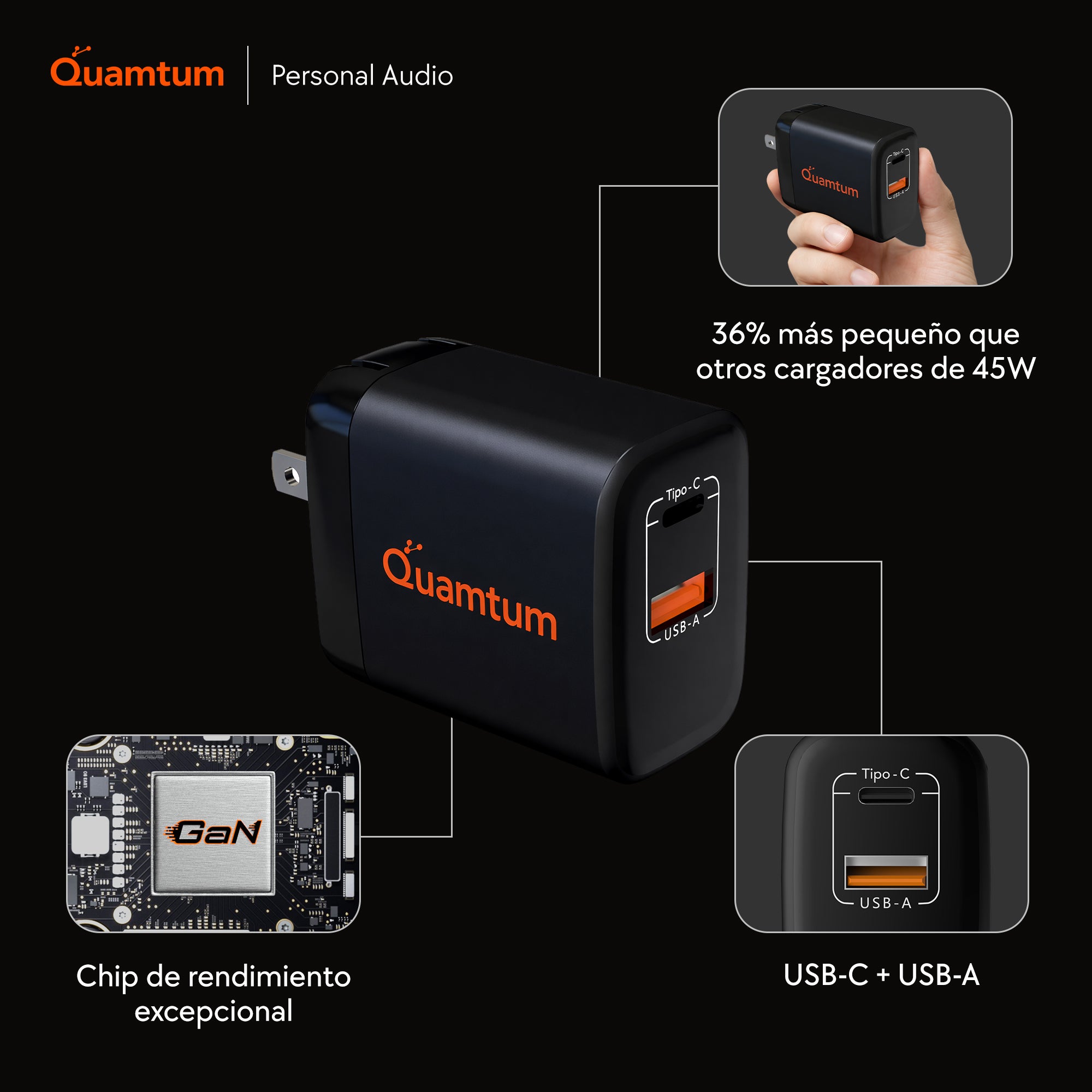 Cargador GaN 45W USB-C + USB-A Quamtum | Compatible con Todos tus Dispositivos Nuevos y Anteriores