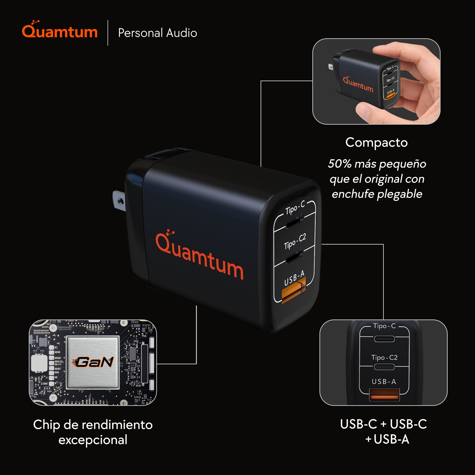 Cargador GaN 67W Triple Puerto Quamtum | 2 USB-C + USB-A, Carga MacBook + iPhone + Audífonos a la Vez