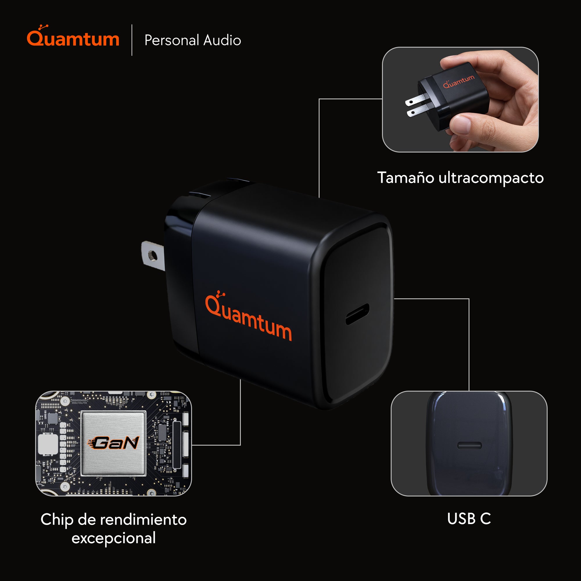 Cargador GaN 35W USB-C Quamtum | Carga Rápida PD 3.0 PPS para iPhone 17, Galaxy S25, iPad
