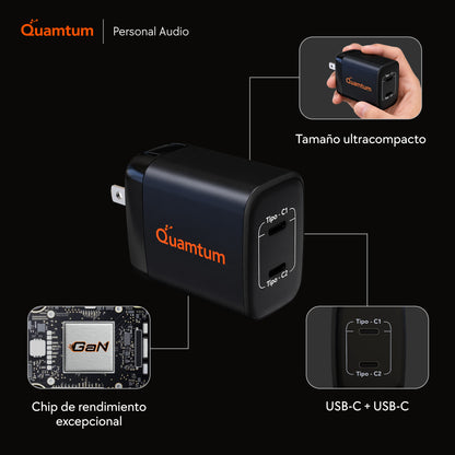Cargador GaN 45W Doble USB-C Quamtum | PD 3.0 PPS Carga Dos Dispositivos a la Vez