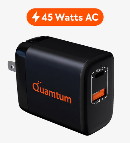 Cargador GaN 45W USB-C + USB-A Quamtum | Compatible con Todos tus Dispositivos Nuevos y Anteriores