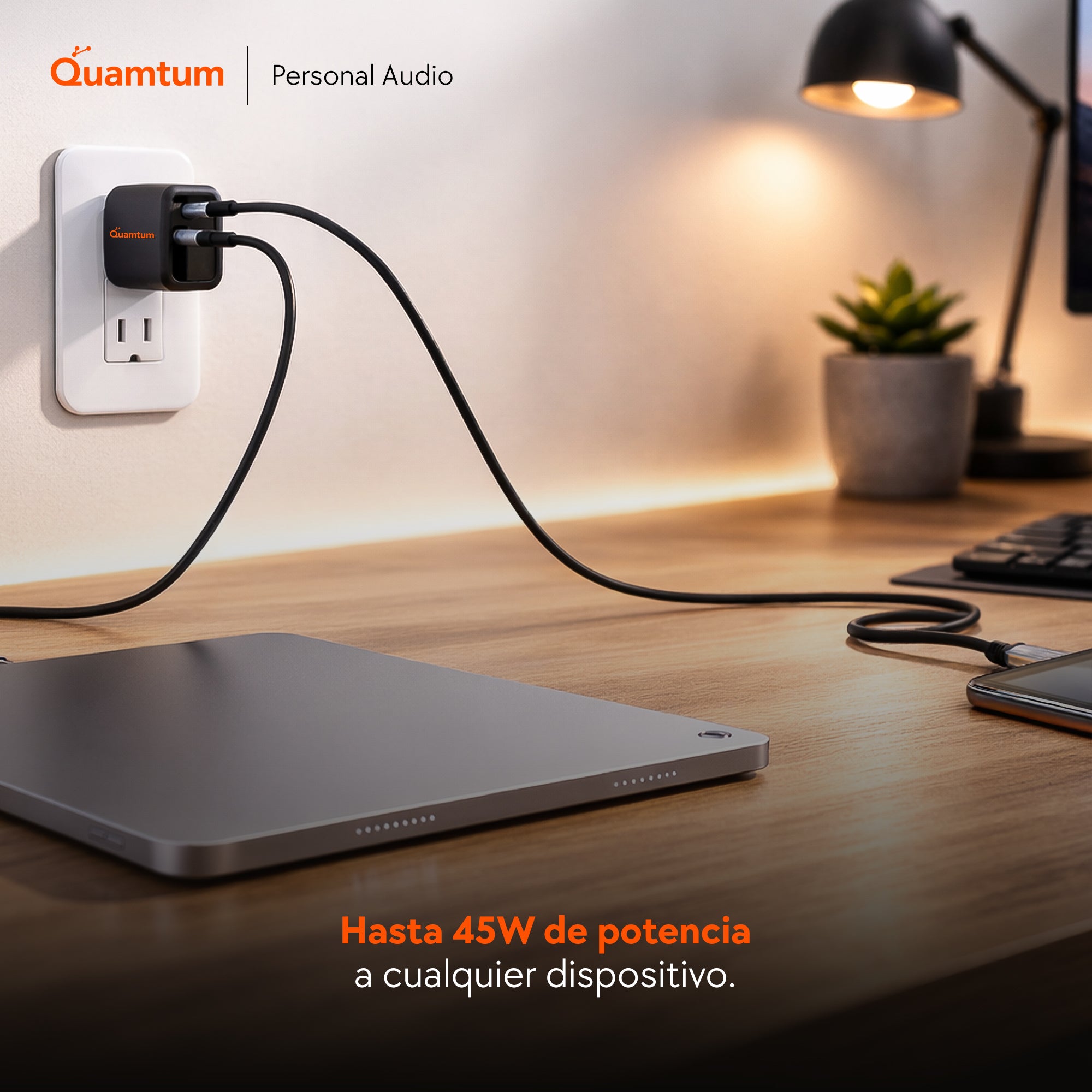 Cargador GaN 45W USB-C + USB-A Quamtum | Compatible con Todos tus Dispositivos Nuevos y Anteriores