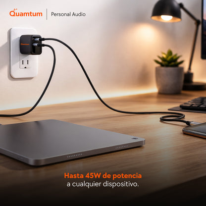 Cargador GaN 45W USB-C + USB-A Quamtum | Compatible con Todos tus Dispositivos Nuevos y Anteriores