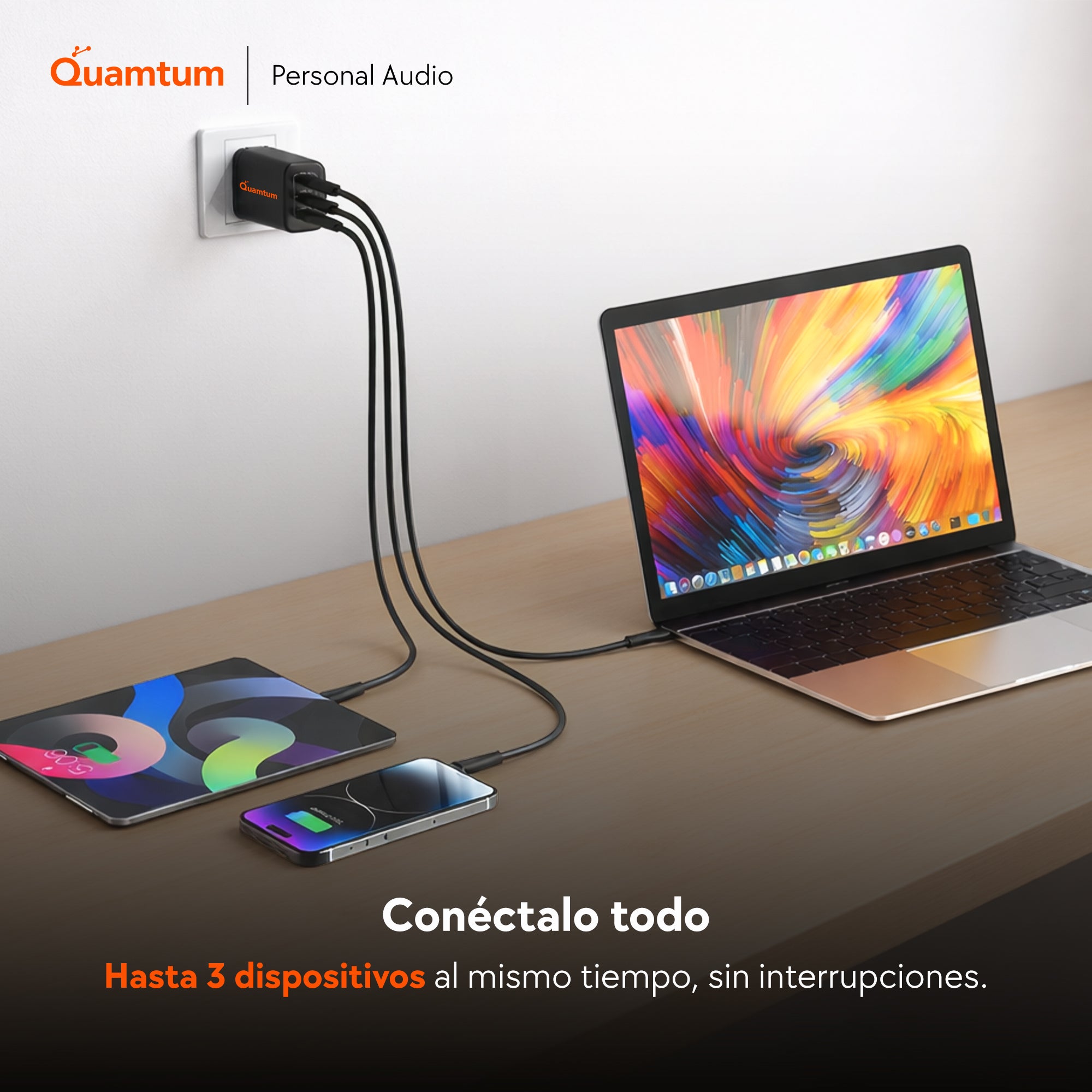 Cargador GaN 67W Triple Puerto Quamtum | 2 USB-C + USB-A, Carga MacBook + iPhone + Audífonos a la Vez