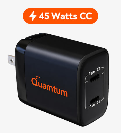 Cargador GaN 45W Doble USB-C Quamtum | PD 3.0 PPS Carga Dos Dispositivos a la Vez