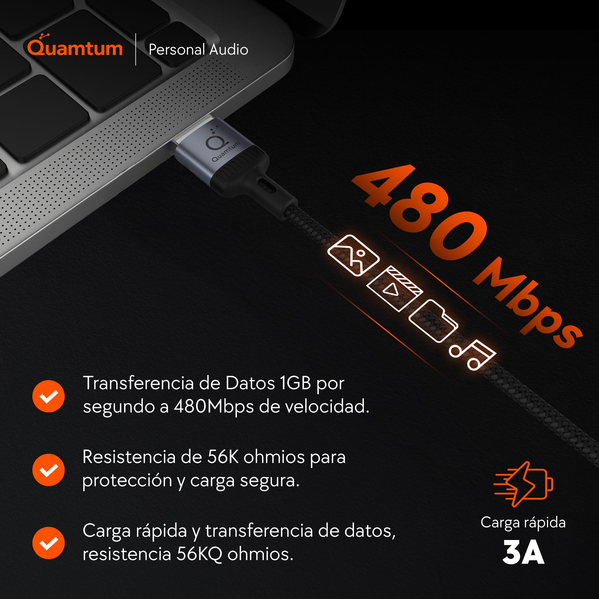 Quamtum Cable USB-C a USB-C 100W — | PD 3.0 | Chip E-Marker | 2 Metros | Garantía 8 Años