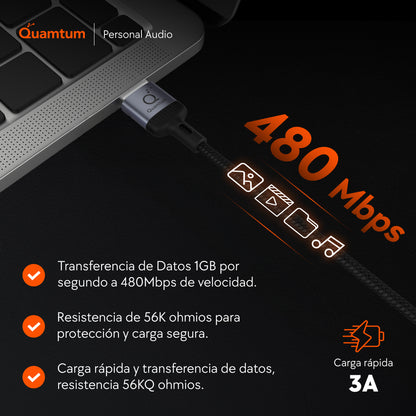 Quamtum Cable USB-A a USB-C 60W — Carga Rápida Trenzado Premium con 8 años de Garantía