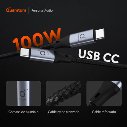Quamtum Cable USB-C a USB-C 100W — | PD 3.0 | Chip E-Marker | 2 Metros | Garantía 8 Años