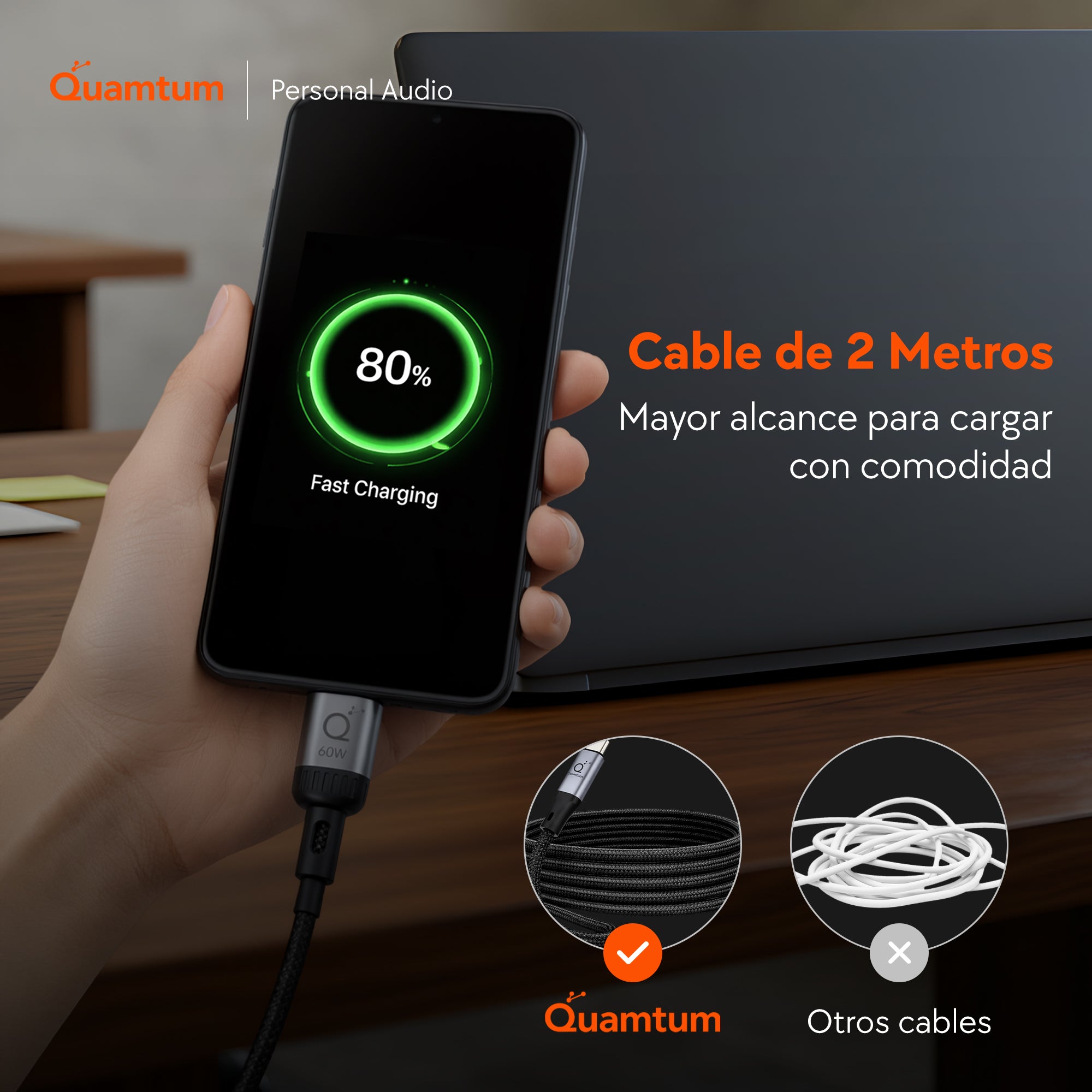 Quamtum Cable USB-A a USB-C 60W — Carga Rápida Trenzado Premium con 8 años de Garantía